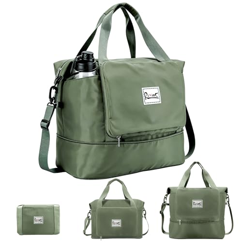 Foldable Travel Duffel Bag for Women, 40L Expandable Carry on Bag Personal Item Flight Approved, Lightweight Water Resistant Overnight Weekender Bag with Wet Pocket for Gym Travel, Olive Green - color: Olive green