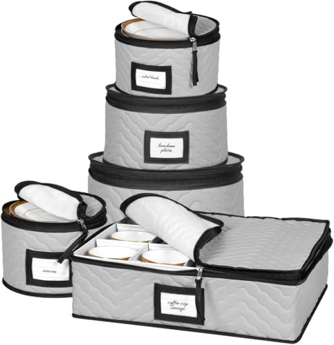 China Storage Containers 5-Piece Set Moving Boxes for Dinnerware, Glasses, Plates, Mugs and Saucers Sturdy Quilted Microfiber Dish Organizer with Dividers for Seasonal Storage - Holds Set of 12, Gray - color: Gray