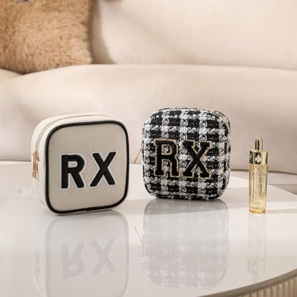 uekeboag Personalized Small Canvas Medicine Cosmetic Bag, Cute Plaid Pattern Chenille Letter Patch RX Drug Pouch with Zipper, Makeup Travel Gift Bag for Women and Girls (11Beige Canvas) - color: 11Beige Canvas