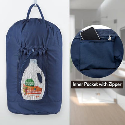 Seiritex Laundry Bag Backpack with Detergent Holder and Adjustable Shoulder Straps, Clothes Laundry Backpack for College, Travel, Apartment, Laundromat, Dorm Room (Blue) - color: Blue