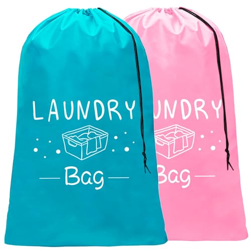 Sylfairy 2 Pack Extra Large Travel Laundry Bag, Dirty Clothes Organizer with Drawstring,Heavy Duty Travel Laundry Bags,Easy Fit a Laundry Hamper Travel Essentials (Pink+Blue, 24" x 36") - color: Pink+Blue-A