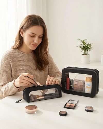 LETGO Clear Makeup Bag Travel Cosmetic Case Transparent Toiletry Bag with Zipper, Portable Make Up Organizer Traveling Compact Car Bag for Essentials (Slim, Black) - color: Black, style: Slim