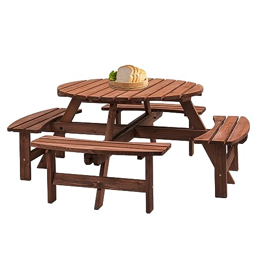 Round 8 Person Wooden Picnic Table Sets Outdoor Camping Dining Table with Seat Garden DIY w/ 4 Built-in Benches 2220lb Capacity - Brown - color: Brown-8-round