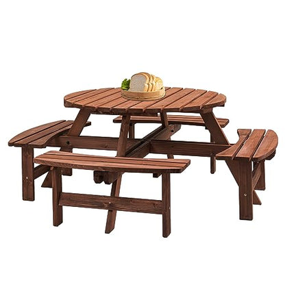 Round 8 Person Wooden Picnic Table Sets Outdoor Camping Dining Table with Seat Garden DIY w/ 4 Built-in Benches 2220lb Capacity - Brown - color: Brown-8-round