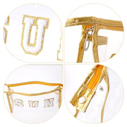 Clear Preppy Patch Cosmetic Bag, Sun Chenille Letter Bag for Beach, Clear Travel Pouch with Zipper, Small Toiletry Bag for Women Girls Teens Gift (Gold) - color: Gold