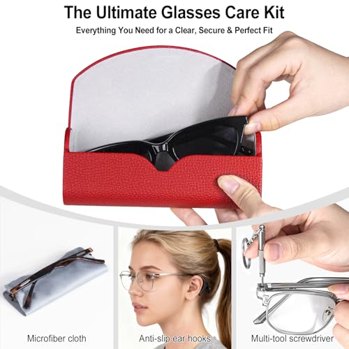RayLove Ultimate Glasses Case Kit, Hard Shell Sunglasses and Eyeglass Case with Cleaning Cloth, Screwdriver, Ear Hooks - style: 1pack,wine Red