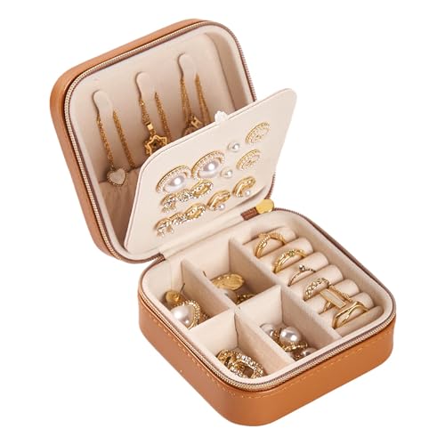 Travel Jewelry Box, PU Leather Small Jewelry Organizer for Women Girls, Portable Mini Travel Case Display Storage Holder Boxes for Stud Earrings, Rings, Necklaces (Brown) - color: Brown