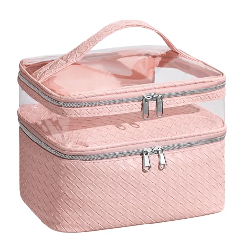 Large Makeup Bag with Brush Storage, Double Layer Cosmetic Bags for Women Girls, Waterproof Leather Toiletry Bag for Women, Travel Makeup Bag Skincare Bag with Zipper & Portable Handle - color: Woven Pattern Pink, style: Double-layer