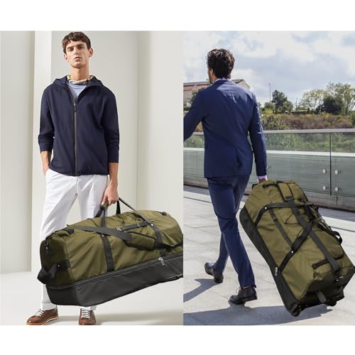 Bagenerous 110L/140L Expandable Soft-Sided Foldable Duffle Bag with 2 Rubber Wheels,Packable 32” Rolling Carry-On with Multi-Pockets & Compartments,Army Green - color: Army Green