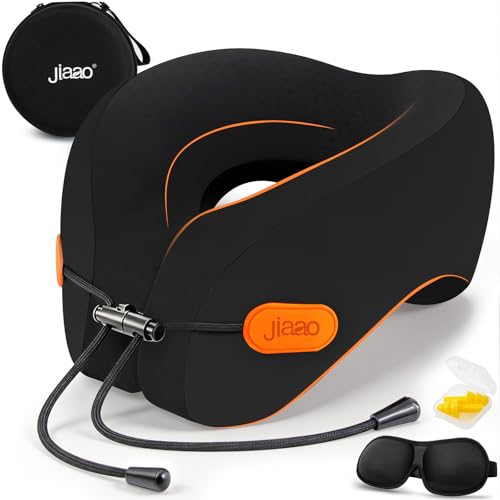jiaao Travel Pillow Memory Foam Neck Pillow for Airplanes with Adjustable Neck Support, Includes Eye Mask, Earplugs & Storage Bag - Perfect for Flights, Road Trips, and Trains - color: A-black(drawstring)