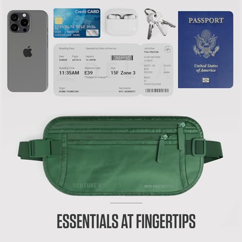 VENTURE 4TH Money Belt for Travel – Slim Hidden Under-Clothes RFID Blocking Anti-Theft Passport Holder & Travel Wallet Pouch for Men & Women to Protect Cash, Cards & Documents (Sleek Army Green) - color: Sleek Army Green