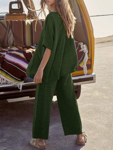 Tankaneo Women's 2 Piece Travel Outfits Casual Short Sleeve Knit Sweater Set Wide Leg Pants Lounge Sets Tracksuit - color: Army Green, size: Medium