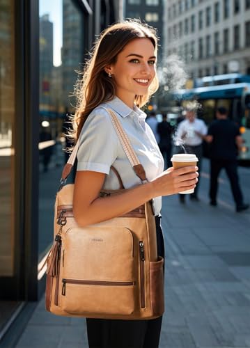 Shrrie Vegan Leather Laptop Backpack for Women 15.6 inch Work Backpack Fashion Travel Backpack Purse for Business College - color: 1 Camel With Brown