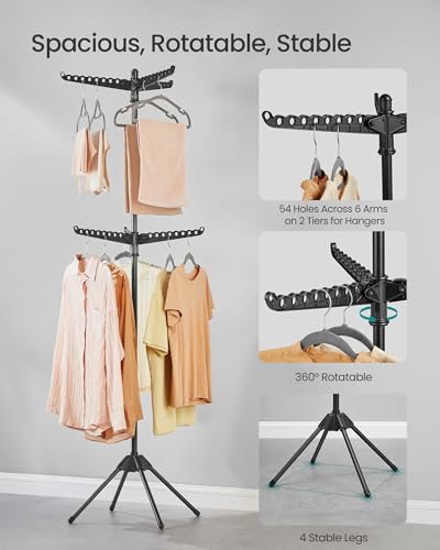 SONGMICS 2-Tier Clothes Drying Rack, 75.2-Inch Folding Laundry Drying Rack with 6 Rotatable Arms for Hangers, Stainless Steel, for 54 Pieces of Clothes, Black ULLR514B01 - color: Black, style: 2-Tier-Hang