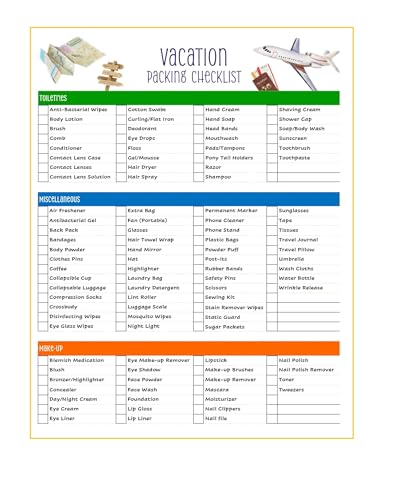 Vacation Packing List - Never Forget Essential Travel Items! Reusable Laminated & Double Sided - The Perfect Packing list for All Ages