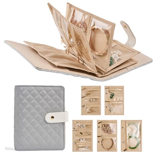 PU Leather Travel Jewelry Binder Organizer - Jewelry Boxes Case Ring Binder Storage Book with Zipper Velvet Pouches Bags for Women Gifts - Grey - color: Grey_quilted Diamond Pattern