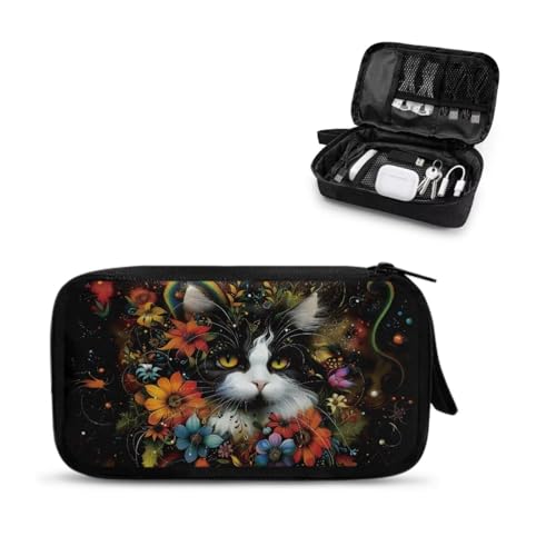 Cat Flower Print Travel Cable Organizer Bag, Shockproof Cord Organizer Travel for Women Men, Waterproof Electronic Organizer Cable Bag, Electronic Accessories for Cord, Charger - color: Multicolor-Cat Flower