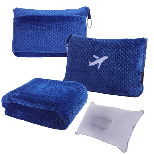 3 in 1 Travel Blanket Pillow Set - 350 GSM Thick Travel Blanket Airplane Compact with Bag, Soft Bag with a Pocket, Inflatable Travel Pillow for Camping & Car Trip (Royal Blue) - color: Royal Blue