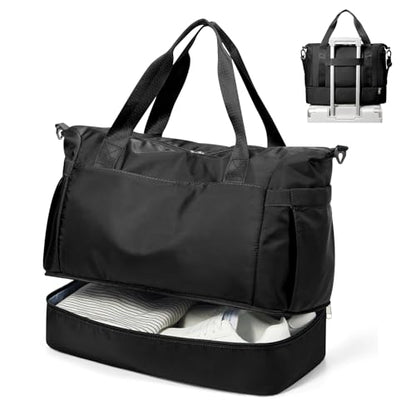 Small Black Gym Duffle Bag for Women Men with Shoe Compartment, Mini Cute Weekender Handbag Carry on Travel Bag for Airplane, Water Resistant Sports Yoga Tote Bag with Dry Wet Separated Pocket. - color: A1-Black with Shoe Compartment