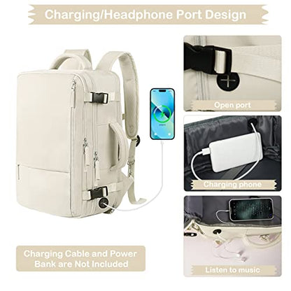 Hanples Travel Backpack for Women Men Large Carry On Person Item Flight Approved 17 In Laptop Backpack Waterproof anti theft Casual Luggage with 2 Toiletry Bag(Beige) - color: Beige, size: Large
