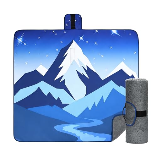 Tirrinia Waterproof Outdoor Blanket with Sherpa Lining, Windproof Triple Layers Warm Comfy Foldable for Camping Stadium, Beach, Picnic, Grass, Concerts, Car, Dog, 51''X 59'' & 59''X 80'' - color: Navy Mountain, size: 51” x 59”