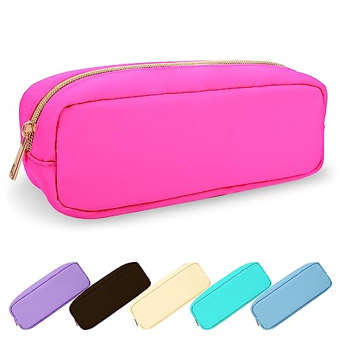 Small Pencil Case Makeup Bag for Purse, Cute Pencil Pouch Preppy Nylon Makeup Brush Bag with Zipper , Girls Portable Stationery Storage Case Small Pen Bag for Office School College(Slim-Bubblegum) - color: Bubblegum, size: Slim