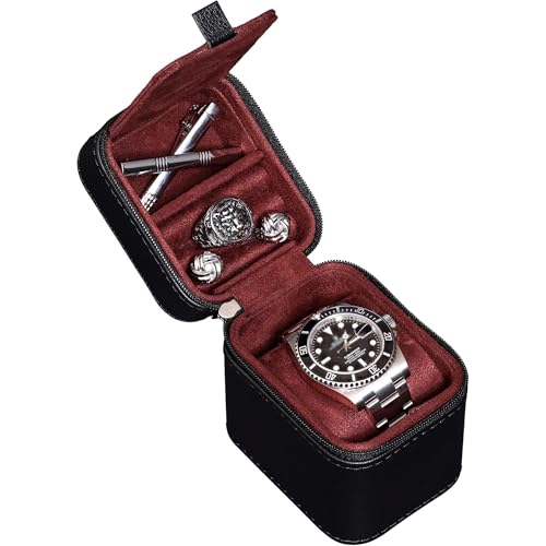 ROTHWELL Single Watch Travel Case with Accessory Compartment | Compact PU Leather Protective Box, Microsuede Interior | Fits Watches & Smartwatches Up to 55mm | Accessory Lid for Jewelry(Black/Red) - color: Black/Red - w/ Accessory Lid