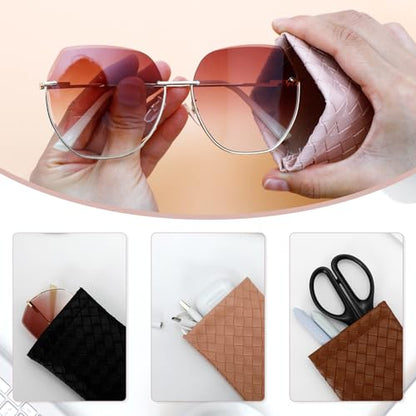 Goufaju 4 Pcs Soft Leather Squeeze Top Sunglass Case with Cleaning Cloth, Portable Eyeglass Pouch for Travel and Daily Use (Pink,Brown,Black,White & 4×Cleaning Cloth)
