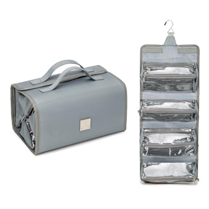 ROYALFAIR Roll Up Makeup Bag, Travel Toiletry Bag for Women with 4 Clear TSA Approved Pouches, Hanging Travel Organizer, Folding Cosmetic Bag for Men and Women - color: Grey
