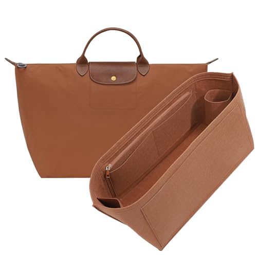 Purse Organizer Insert for Longchamp Le Pliage L Travel Tote Bag, Felt Lightweight Large Travel Tote Divider Shaper with Cup Holder,Zipper Bags Inner Linner with 9 Deepened Pockets,L/Gold-brown - color: Gold-brown, size: L Travel Bag