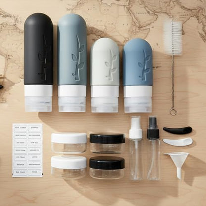 DEPOZA Travel Bottles Kit (16 Pack) - TSA Approved, Leak Proof Silicone Squeezable Containers for Toiletries. Complete Set with Jars, Sprayers & Bag (Black) - color: Black