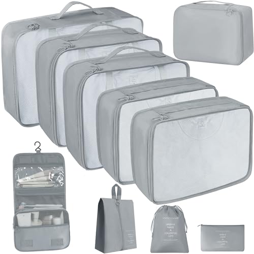 10 Pcs Set Packing Cubes - Travel Packing Organizers, Expandable Suitcase Organizer, Luggage Organizer Bags - color: GREY