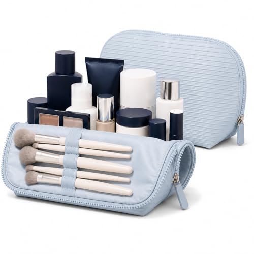 APT 1101 Large Standing Foldable Makeup Bag for Travel, Vertical Folding Down Design, Organized Cosmetic & Skincare Bag for 2–4 Week Trips (Cloud Blue, Medium) - color: Cloud Blue, size: Medium