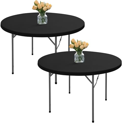 Round Fitted Tablecloth with Elastic - 2 Pack Round Table Covers 48 Inch, Black Windproof & Non-Slip Dining Circle Table Protector for Outdoor Picnic, Party, Banquet - color: Black, size: 48 Round, 2 Pack