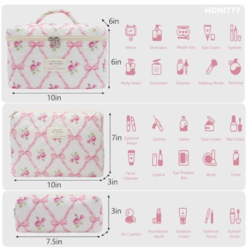 honitty Makeup Bag,Quilted Cosmetic Bag,Large Floral Make Up Bag for Women,Cotton Makeup Bag Set,Flower Travel Toiletry Bag - color: Pink Bow