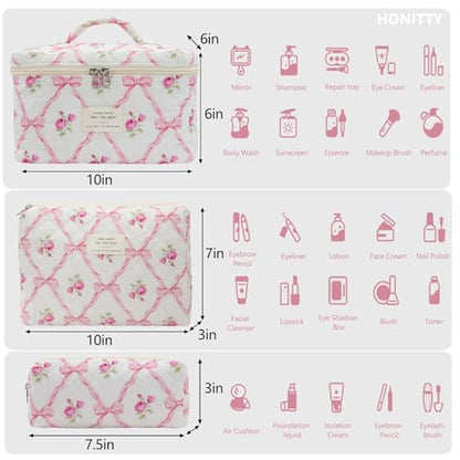 honitty Makeup Bag,Quilted Cosmetic Bag,Large Floral Make Up Bag for Women,Cotton Makeup Bag Set,Flower Travel Toiletry Bag - color: Pink Bow