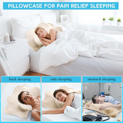 Hahafelt Cooling Cervical Neck Pillowcase Cover (Only Pillow Case) Ergonomic Pillowcase with Zipper Breathable Contour Pillow Cover for Side Back Stomach Sleepers(Champagne,Standard Size) - color: Champagne, size: Standard