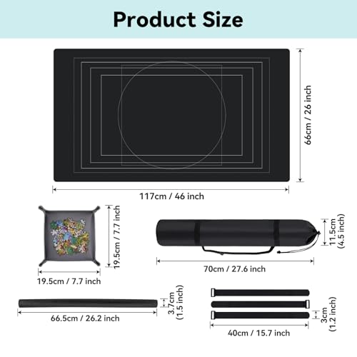 Puzzle Mat Roll Up with Drawstring Storage Bag, Portable Saver Pad 46” x 26” Up to 1500 Pieces with Non-Slip Rubber Bottom & Smooth Top + 4 Puzzle Sorting Trays & Travel-Friendly Storage Bag