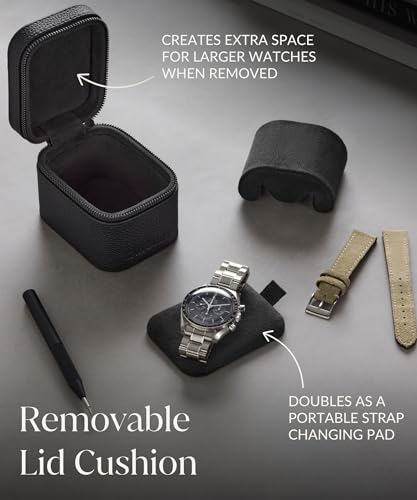 TAWBURY Single Watch Travel Case - Genuine Top-Grain Leather Watch Box for Men & Women with Metal Zipper and Extra Wide Pillow for Large Watches (Black) - color: Black