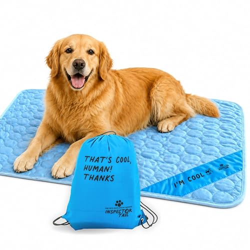 INSPECTOR TAIL Dog Cooling Mat - No Freeze Needed, Self-Cooling Pad for Large Dogs, Washable Portable for Crate Kennel Car Sofa Bed Floor, Indoor Outdoor Summer Use, 39"x27" with Carry Bag - size: Blue- 39.37" x 27.16"
