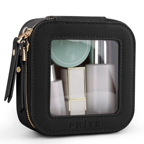 Prite Mini Clear Makeup Bag for Purse Cute Small Travel Cosmetic Bag for Women Waterproof Toiletry Bag Leather Makeup Pouch with Gold Zipper(Black) - color: Black, size: Mini - Single Layer