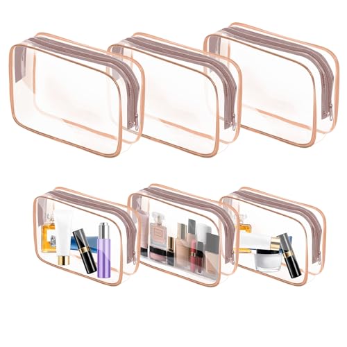 AURUZA 6 Pack Travel Toiletry Bag, Clear Makeup Bag, TSA Approved Cosmetic Bag with Zipper, Clear Organizer Carry on Bag for Women, PVC Cosmetic Pouch (Rose Pink, 6 Packs) - color: Rose Pink