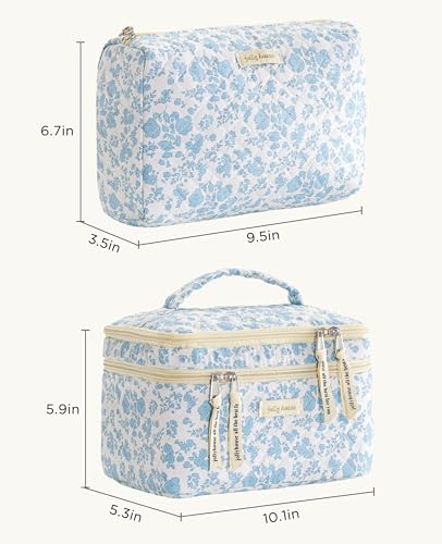 HBselect 2Pcs Travel Makeup Bag, Large Cotton Quilted Makeup Bag Cosmetic Bag Cute Make up Bag Toiletry Bags for Women Girls - color: 2PCS-FLOWER1
