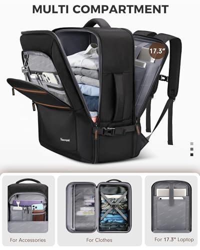 Vancropak Personal Item Travel Backpack for Men & Women, 17.3 inch Water Resistant Travel Laptop Backpack, Large TSA Airline Approved Under Seat Carry On Bag for Frontier Airlines - color: Black Brown