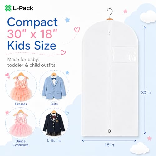 Kids Garment Bag for Hanging Clothes, Travel Garment Bag for Dresses, Dance Costumes & Suits, Breathable Clothes Cover for Baby Toddler Child, White, 30" x 18" - color: White