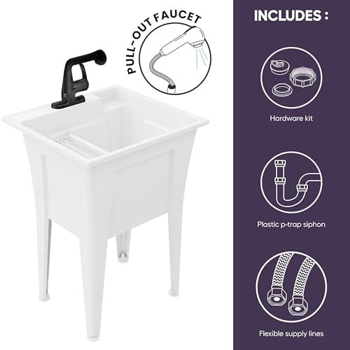 Freestanding Utility Sink with One Handle Black Faucet - 24" Plastic Utility Sink for Garage, Laundry, Indoor and Oudoor Use - Laundry Tub Kit by Noah William Home - White (19.5 gal) - color: White - One handle black faucet