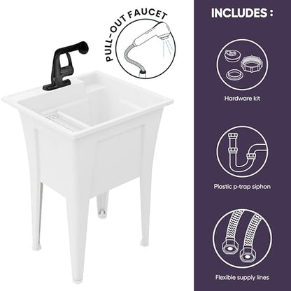 Freestanding Utility Sink with One Handle Black Faucet - 24" Plastic Utility Sink for Garage, Laundry, Indoor and Oudoor Use - Laundry Tub Kit by Noah William Home - White (19.5 gal) - color: White - One handle black faucet