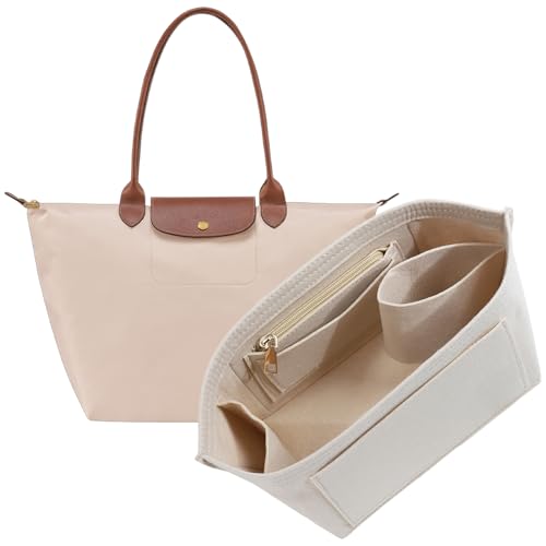 Lighweight Purse Organizer Insert for Longchamp Le Pliage M Tote Bag, Premium Felt Long Champ Medium Tote Divider with Cup Holder,Bags Storage Shaper with 8 Deepened Pockets,M/Beige - color: Beige, size: M Tote Bag (Long Handle)