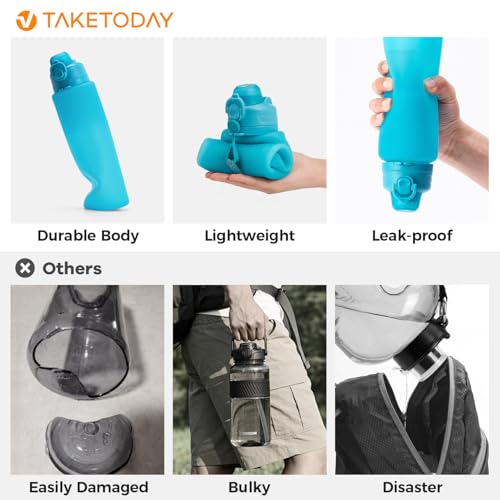 TakeToday Collapsible Water Bottles 32oz, Foldable Travel Bottle, TSA-Approved Leakproof Newly Silicone Water Bottle for Hiking, Travel, Outdoors, Blue - color: Blue