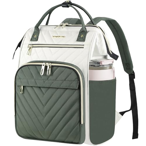 VANKEAN 17 Inch Laptop Backpack for Women Fashion Computer Work Bag, Large Capacity Waterproof Backpack, College Daypack Business Travel, Beige-Army green - color: Beige/Army Green, size: 17.3 Inch